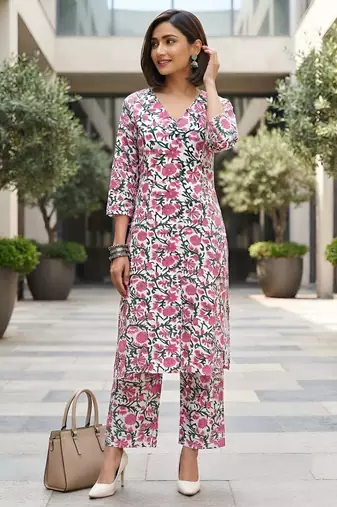 White & pink printed straight co-ords set for women