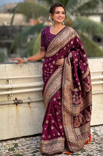 Purple woven design pashmina saree  with unstitched blouse piece