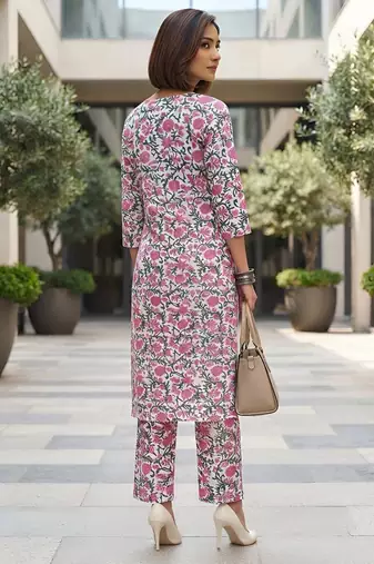 White & pink printed straight co-ords set for women