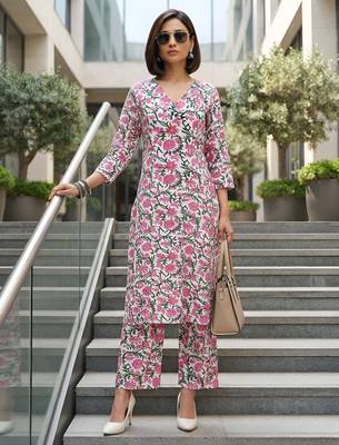 White & pink printed straight co-ords set for women 5