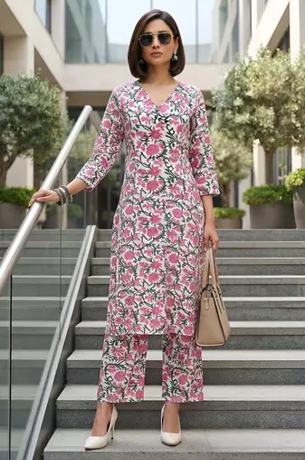 White & pink printed straight co-ords set for women