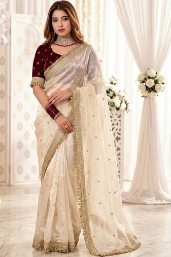Off white embellished zari satin heavy work saree