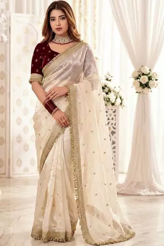 Off white embellished zari satin heavy work saree