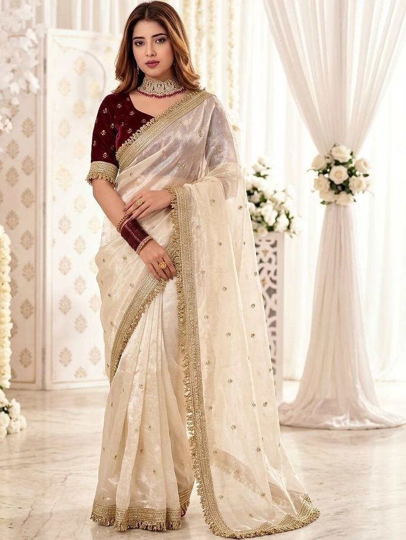 Off white embellished zari satin heavy work saree