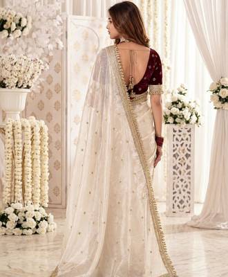 Off white embellished zari satin heavy work saree 2