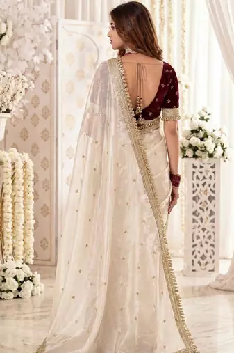 Off white embellished zari satin heavy work saree