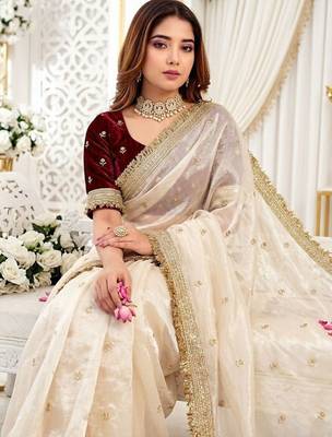 Off white embellished zari satin heavy work saree 3