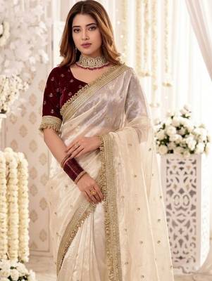 Off white embellished zari satin heavy work saree 4