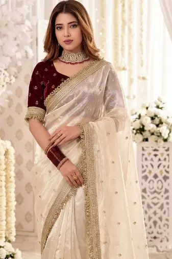Off white embellished zari satin heavy work saree