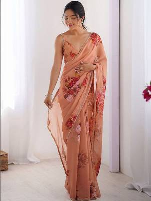 Peach floral beads and stones pure chiffon saree 1