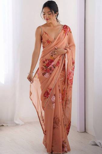 Peach floral beads and stones pure chiffon saree