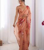 Peach floral beads and stones pure chiffon saree