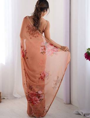 Peach floral beads and stones pure chiffon saree 2