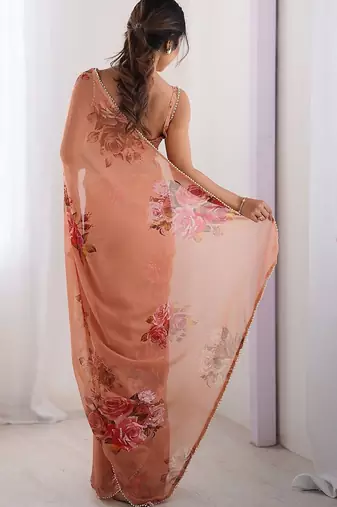 Peach floral beads and stones pure chiffon saree
