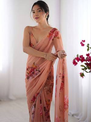 Peach floral beads and stones pure chiffon saree 3