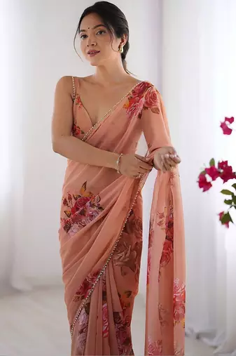 Peach floral beads and stones pure chiffon saree