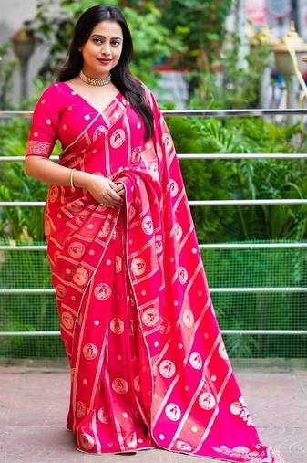 Pink pink woven design silk blend chanderi sarees
