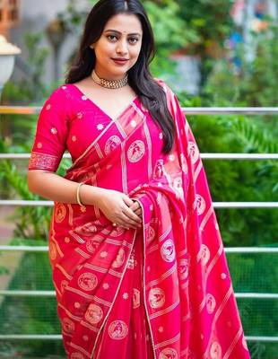 Pink pink woven design silk blend chanderi sarees 2