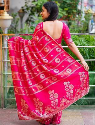 Pink pink woven design silk blend chanderi sarees 3