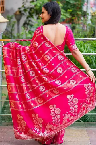 Pink pink woven design silk blend chanderi sarees