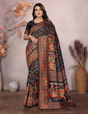 Black woven design pashmina silk weaving saree with unstitched blouse piece 1