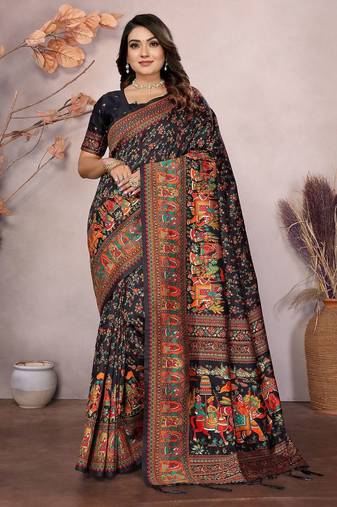 Black woven design pashmina silk weaving saree with unstitched blouse piece