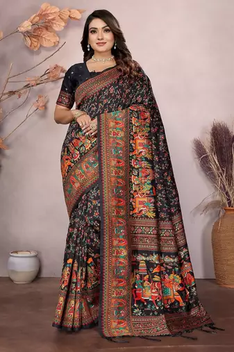 Black woven design pashmina silk weaving saree with unstitched blouse piece