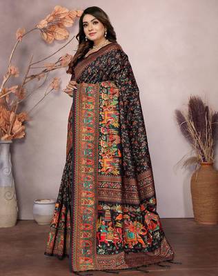 Black woven design pashmina silk weaving saree with unstitched blouse piece 2