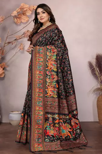 Black woven design pashmina silk weaving saree with unstitched blouse piece