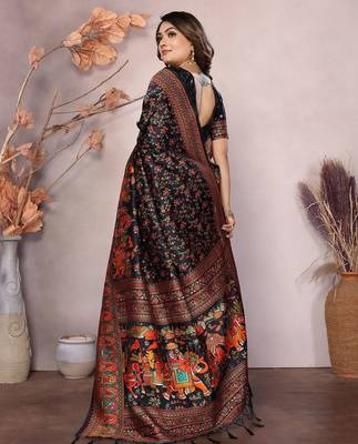 Black woven design pashmina silk weaving saree with unstitched blouse piece 3