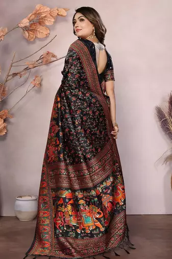 Black woven design pashmina silk weaving saree with unstitched blouse piece