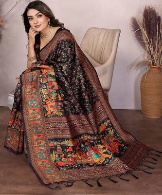 Black woven design pashmina silk weaving saree with unstitched blouse piece 4
