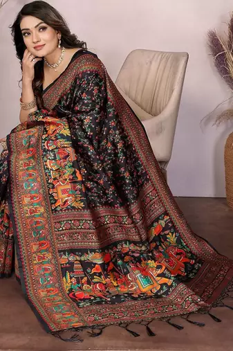 Black woven design pashmina silk weaving saree with unstitched blouse piece