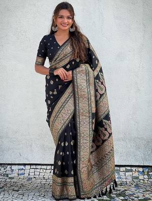 Black black pashmina silk kashmiri work saree with unstitched blouse piece 1