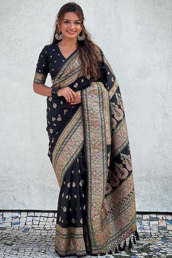 Black black pashmina silk kashmiri work saree with unstitched blouse piece