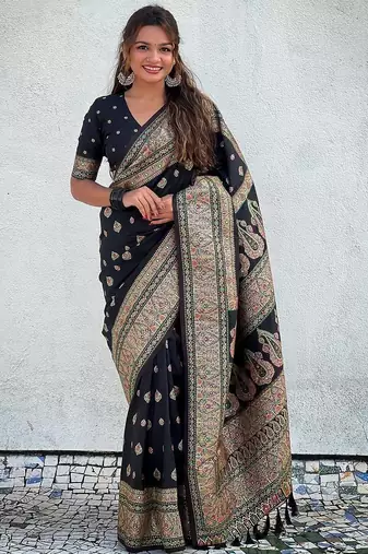 Black black pashmina silk kashmiri work saree with unstitched blouse piece