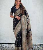Black black pashmina silk kashmiri work saree with unstitched blouse piece