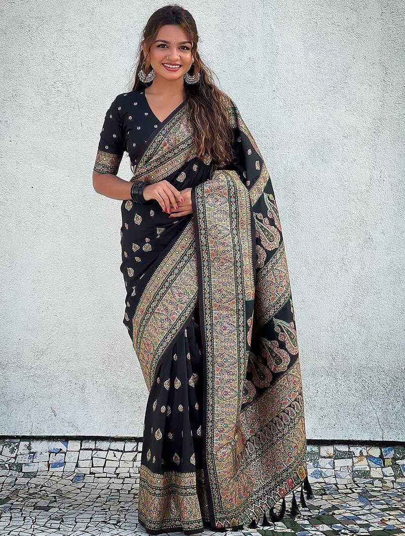 Black black pashmina silk kashmiri work saree with unstitched blouse piece