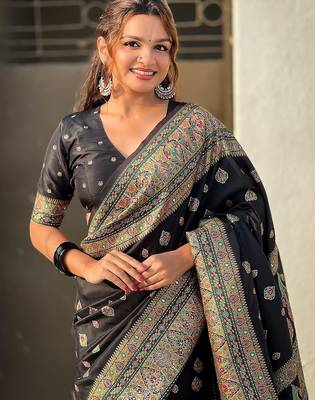 Black black pashmina silk kashmiri work saree with unstitched blouse piece 2