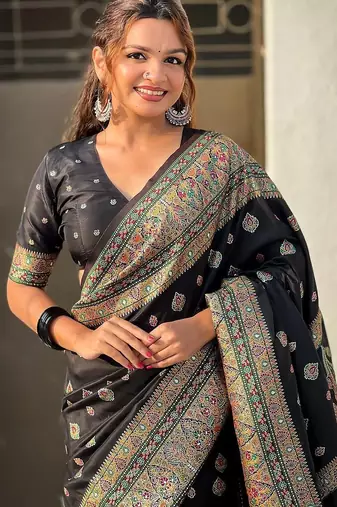 Black black pashmina silk kashmiri work saree with unstitched blouse piece