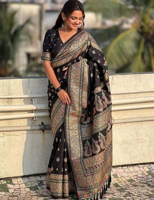 Black black pashmina silk kashmiri work saree with unstitched blouse piece 3
