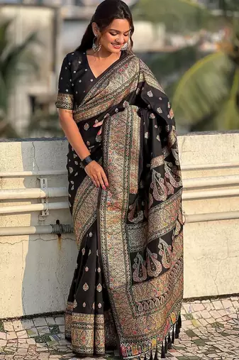 Black black pashmina silk kashmiri work saree with unstitched blouse piece