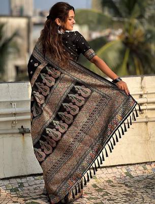 Black black pashmina silk kashmiri work saree with unstitched blouse piece 4