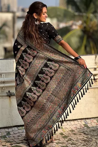 Black black pashmina silk kashmiri work saree with unstitched blouse piece