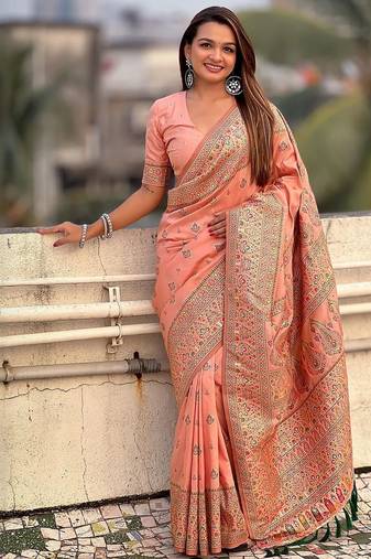 Peach ethnic motifs woven design zari pashmina saree with unstitched blouse piece