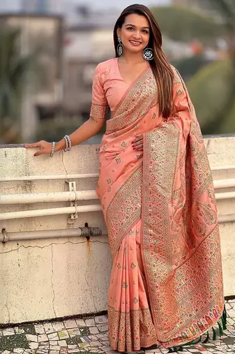 Peach ethnic motifs woven design zari pashmina saree with unstitched blouse piece