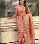 Peach ethnic motifs woven design zari pashmina saree with unstitched blouse piece