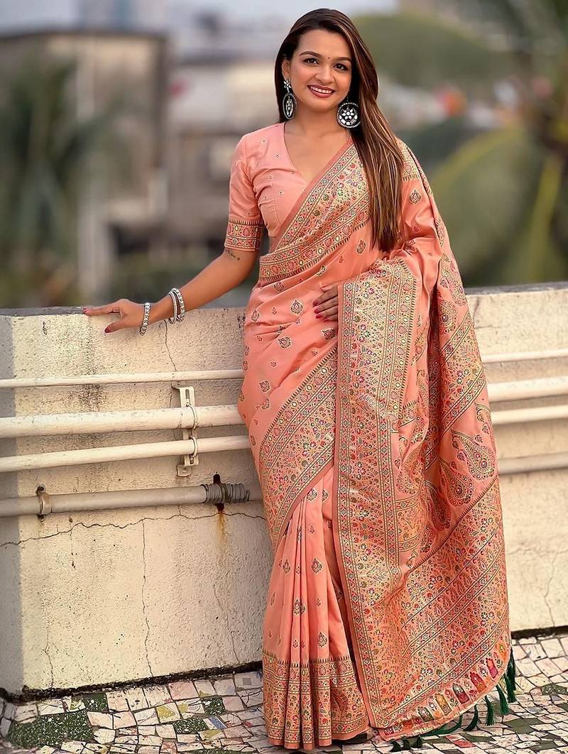 Peach ethnic motifs woven design zari pashmina saree with unstitched blouse piece