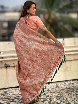 Peach ethnic motifs woven design zari pashmina saree with unstitched blouse piece 2