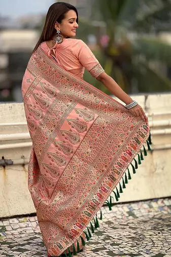 Peach ethnic motifs woven design zari pashmina saree with unstitched blouse piece